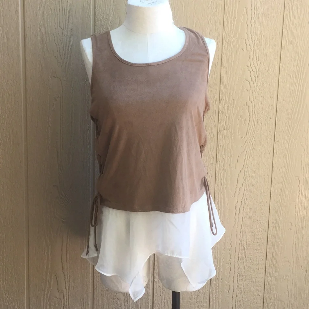 Janet Chung tan top size medium laces on sides sheer‎ bottom